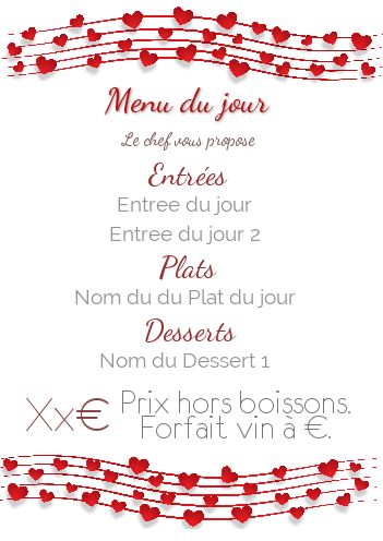 Carte Menu Restaurant Saint Valentin gratuit à imprimer