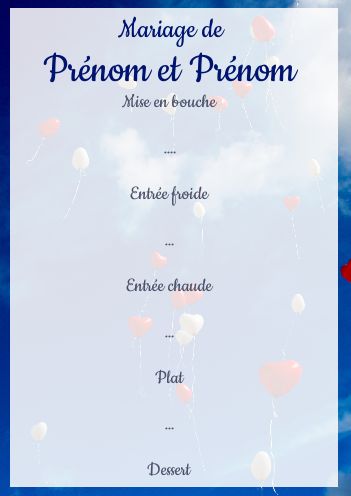 Menu Mariage Coeur Ballon Bleu gratuit à imprimer