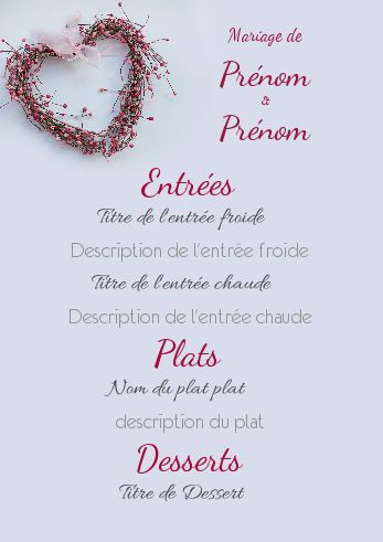 Menu Mariage Coeur Bleu Fleur à imprimer