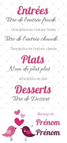 Menu Mariage Coeur Oiseau Mauve gratuit à imprimer