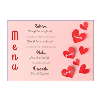 menu mariage coeur papier rouge 
