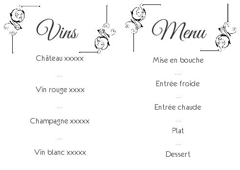 Verso Menu Mariage à imprimer