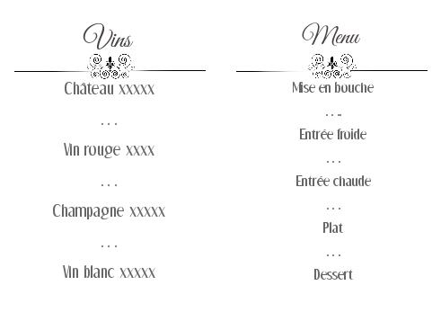 Verso Menu Mariage à imprimer