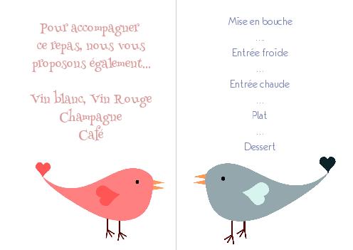 Verso Menu Mariage Coeur Oiseau Bleu à imprimer