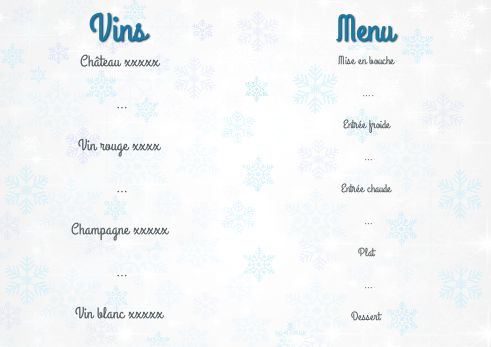 Verso Menu Repas Noel Bleu Neige à imprimer