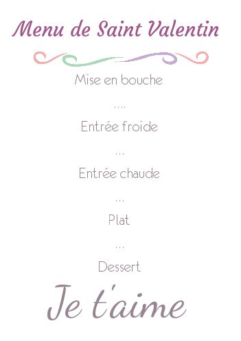 Menu Saint Valentin Blanc Mauve gratuit à imprimer