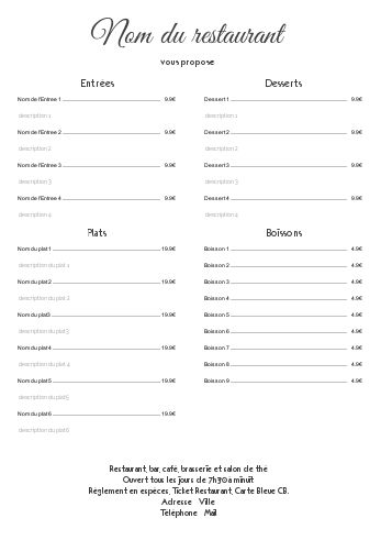 Carte Menu Restaurant Blanc Elegant à imprimer
