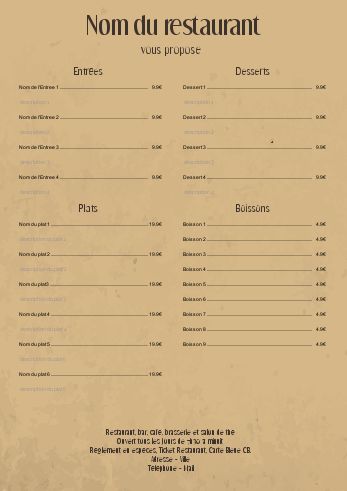 Carte Menu Restaurant Marron à imprimer