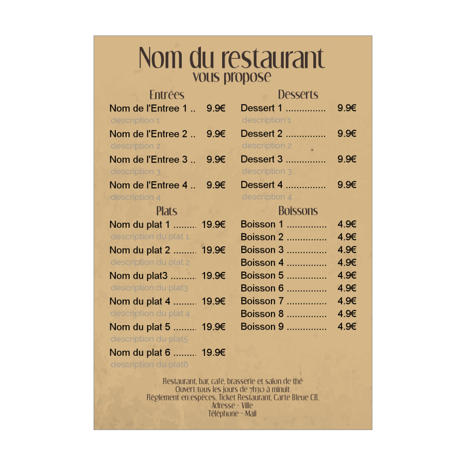 Carte Menu Restaurant Marron à imprimer (carte 3032)