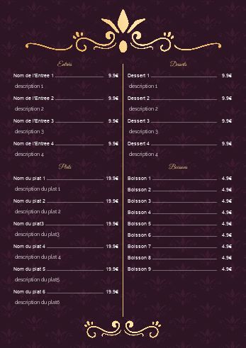 Carte Menu Restaurant Doree Elegant à imprimer