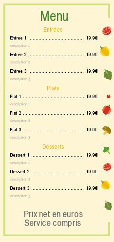 Carte Menu Restaurant Legume Jaune gratuit à imprimer
