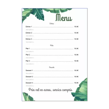 carte menu restaurant feuille fleur vert 