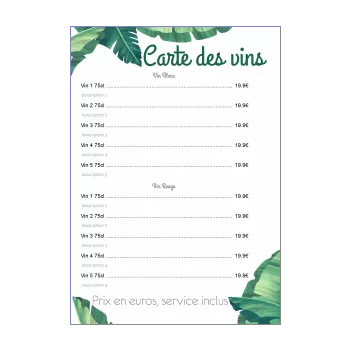 carte restaurant biere feuille vert vin alcool 