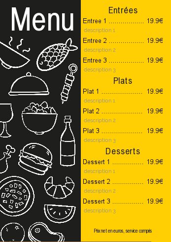 Carte Menu Restaurant Jaune Noir à imprimer (carte 3172)