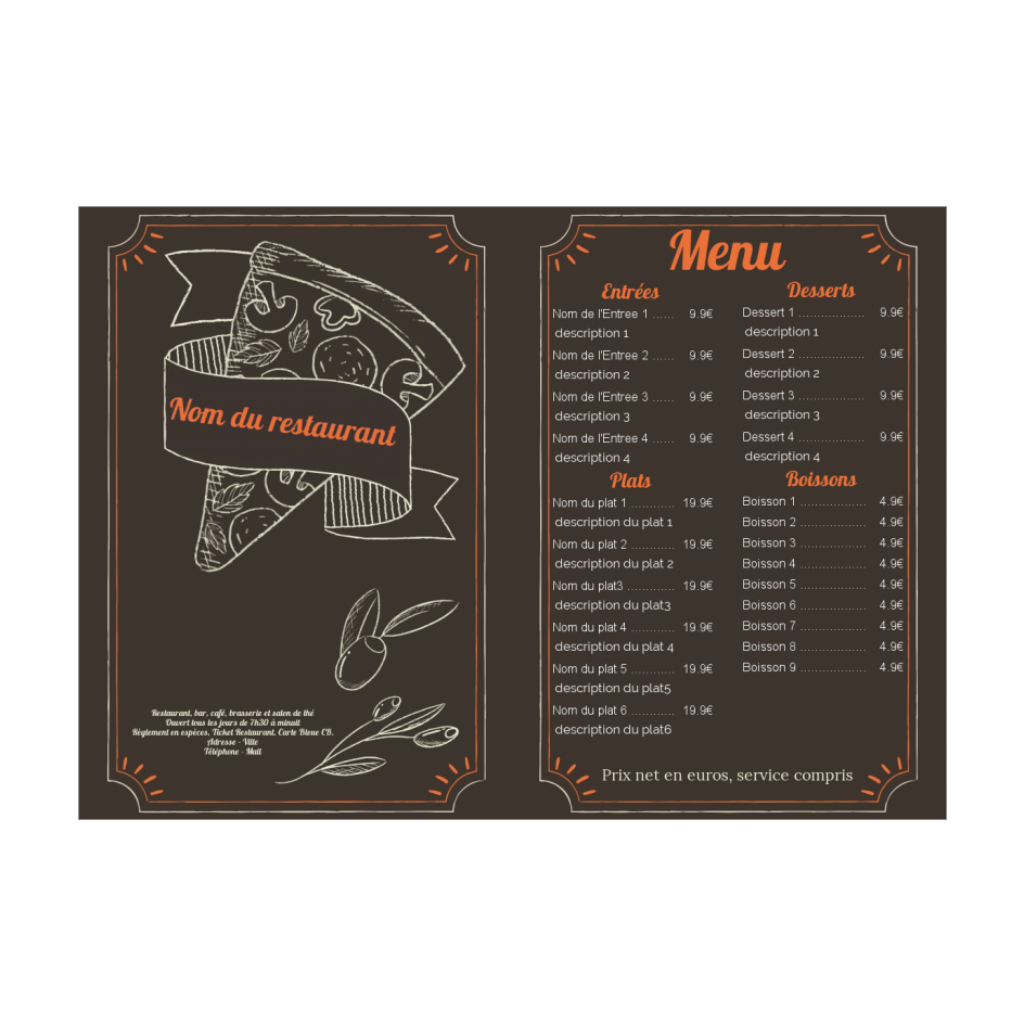 Carte Menu Restaurant Pizza Marron Orange à imprimer (carte 3211)