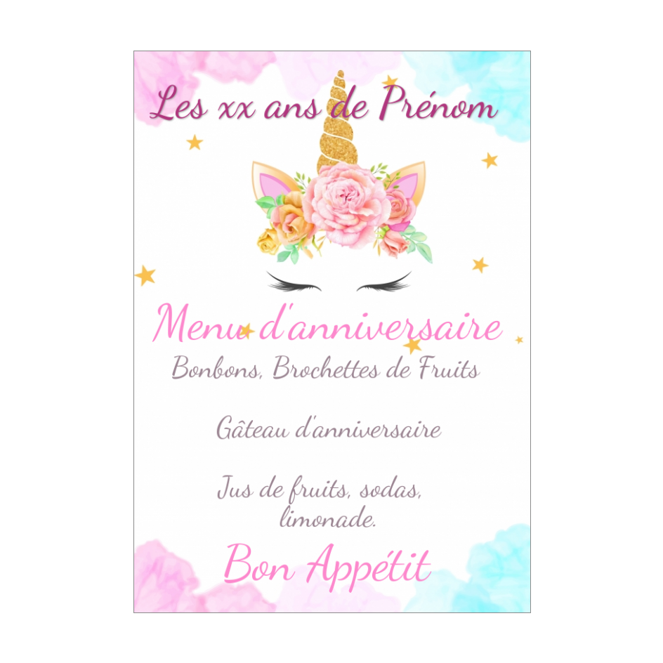 Anniversaire Menu Licorne Rose Fille Animaux Gratuit A Imprimer Carte 3308