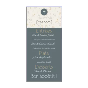 menu bapteme bleu croix fleur marron 