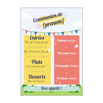 menu communion bleu ciel jardin jaune rouge 