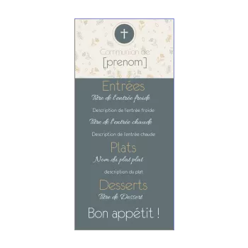 menu communion bleu croix fleur marron 