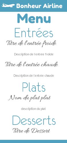 Menu Mariage Billet Avion Bleu gratuit à imprimer