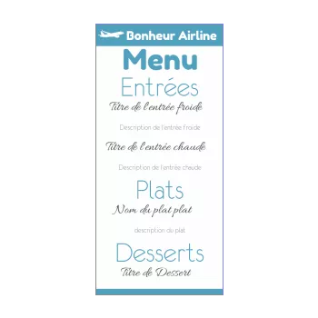 menu mariage billet avion bleu 