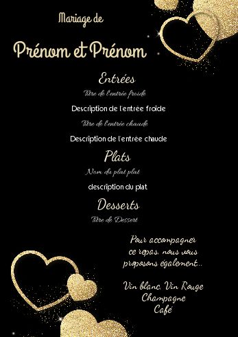 Menu Mariage Coeur Doree Noir à imprimer