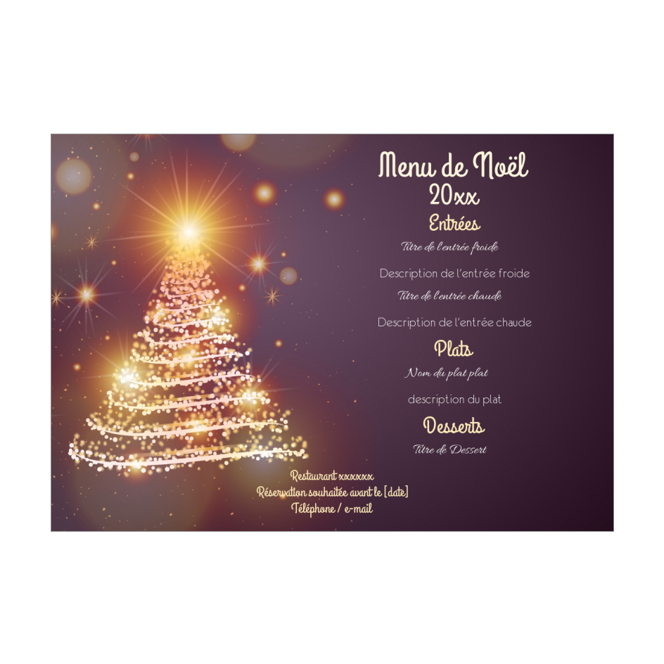 Menu Repas Noel Doree Mauve Sapin Imprimer Carte