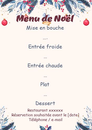 Menu Repas Noel Bleu Boule gratuit à imprimer
