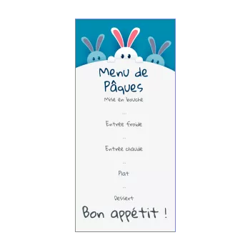 menu restaurant paques bleu dessin lapin 