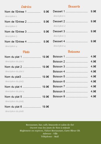 Carte Menu Restaurant Gris Orange à imprimer
