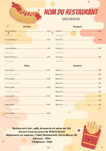 Carte Menu Restaurant Snack Dessin à imprimer