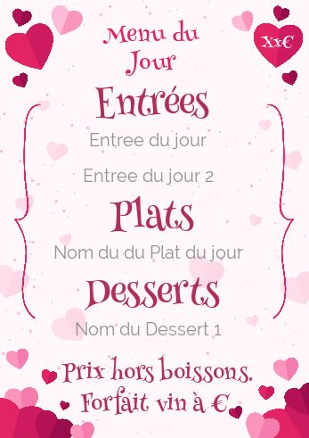Carte Menu Restaurant Saint Valentin à imprimer