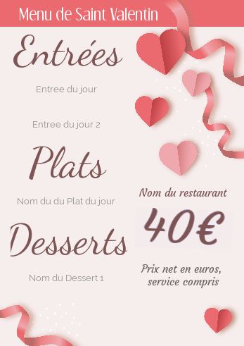 Menu Restaurant Saint Valentin Coeur à imprimer