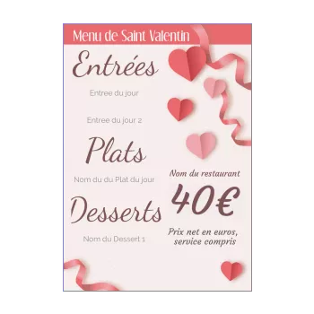 menu restaurant saint valentin coeur dessin rose 