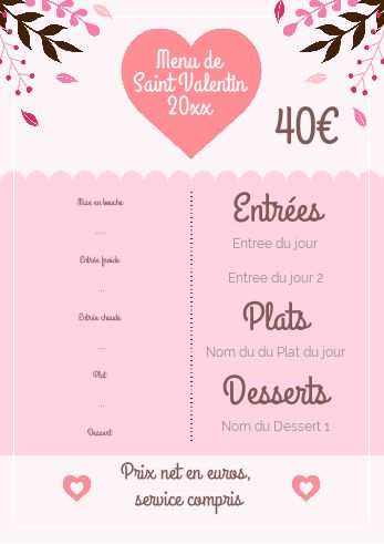 Menu Saint Valentin Coeur Feuille à imprimer