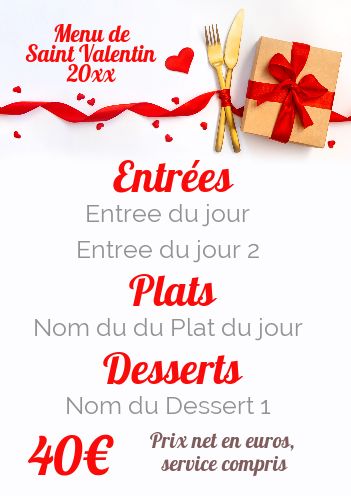 Menu Restaurant Cadeau Saint Valentin gratuit à imprimer