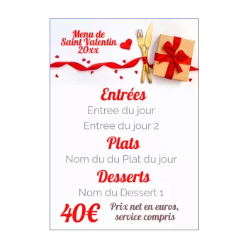 menu restaurant cadeau saint valentin doree rouge ruban 
