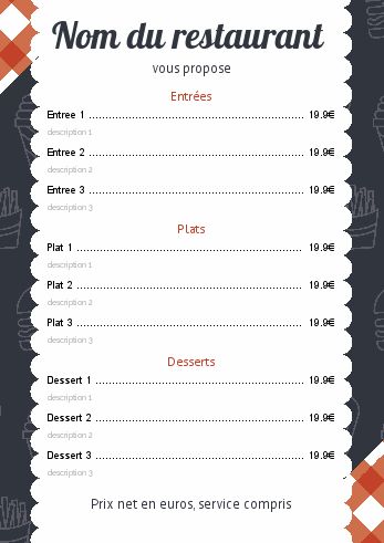 Carte Menu Restaurant Snack Food à imprimer