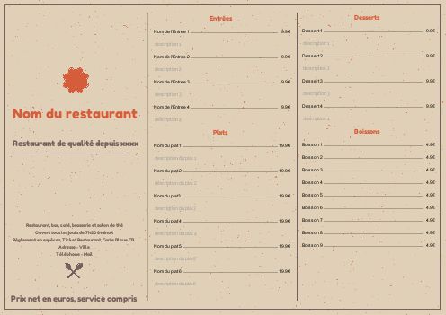 Carte Menu Restaurant Marron Orange à imprimer