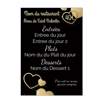menu restaurant saint valentin coeur doree noir 
