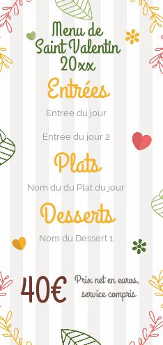 Menu Restaurant Saint Valentin Coeur gratuit à imprimer