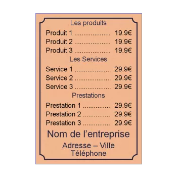 affiche liste prix bleu marron 