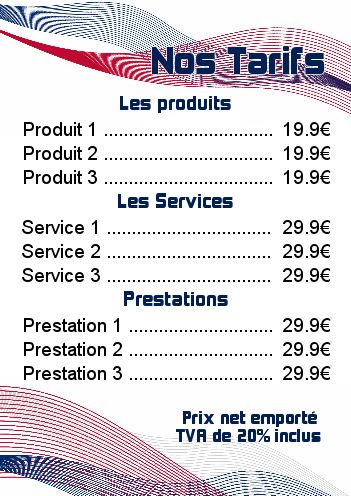Affiche Liste Prix Bleu Rouge gratuit à imprimer