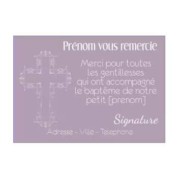 carte remerciement bapteme croix fille mauve merci 