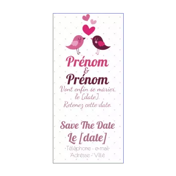 mariage save the date coeur oiseau mauve pense-bête rose 