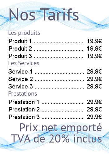 Affiche Liste Prix Bleu Vague gratuit à imprimer
