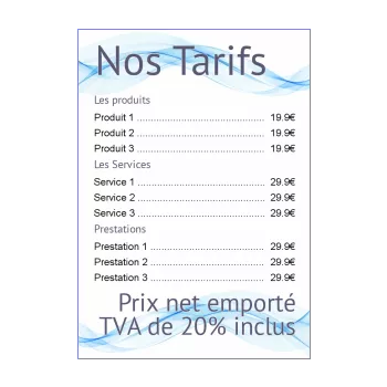 affiche liste prix bleu vague 