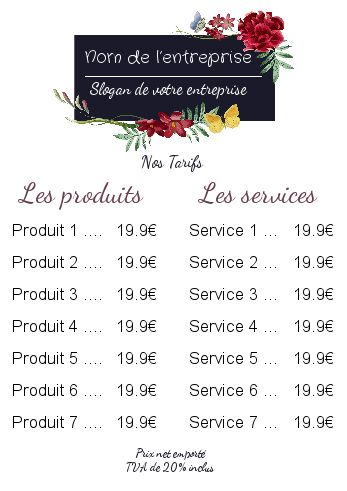 Affiche Liste Prix Fleuriste Bleu à imprimer