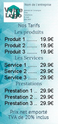 Affiche Liste Prix Bleu avec photo à imprimer