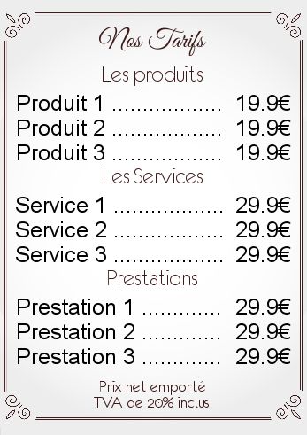 Affiche Liste Prix Elegant Gris à imprimer